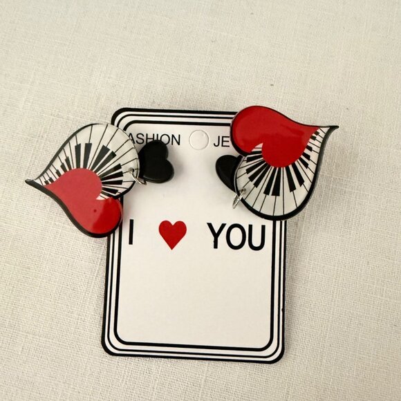 Piano Heart Earrings Black Red Music Lover Acrylic Dangle Earrings - Picture 2 of 10
